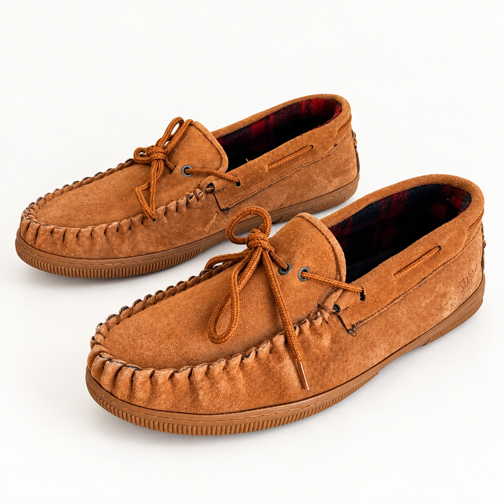Staheekum Men's Suede Moccasin Slippers Size 9 Chestnut Brown Plaid Rubber Sole